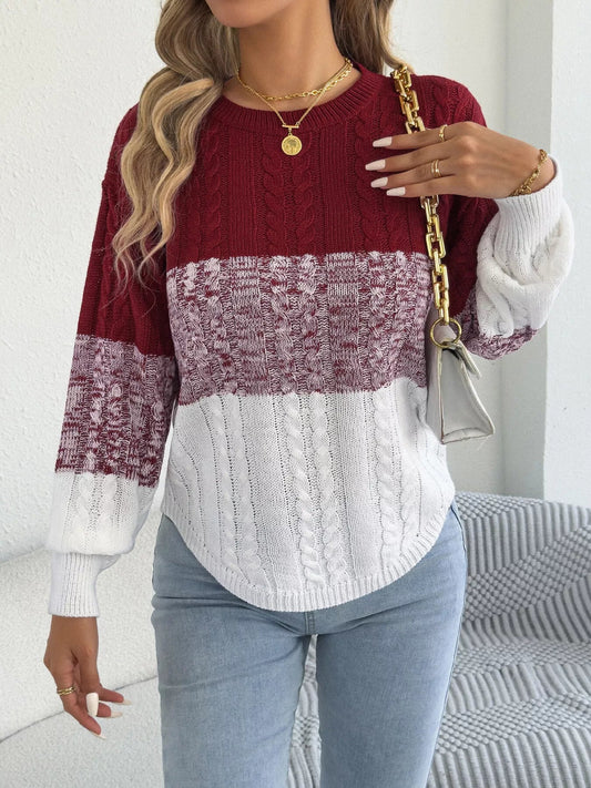 Colorblock Cable Knit Round Neck Sweater - Bitsy Gypsy Boutique