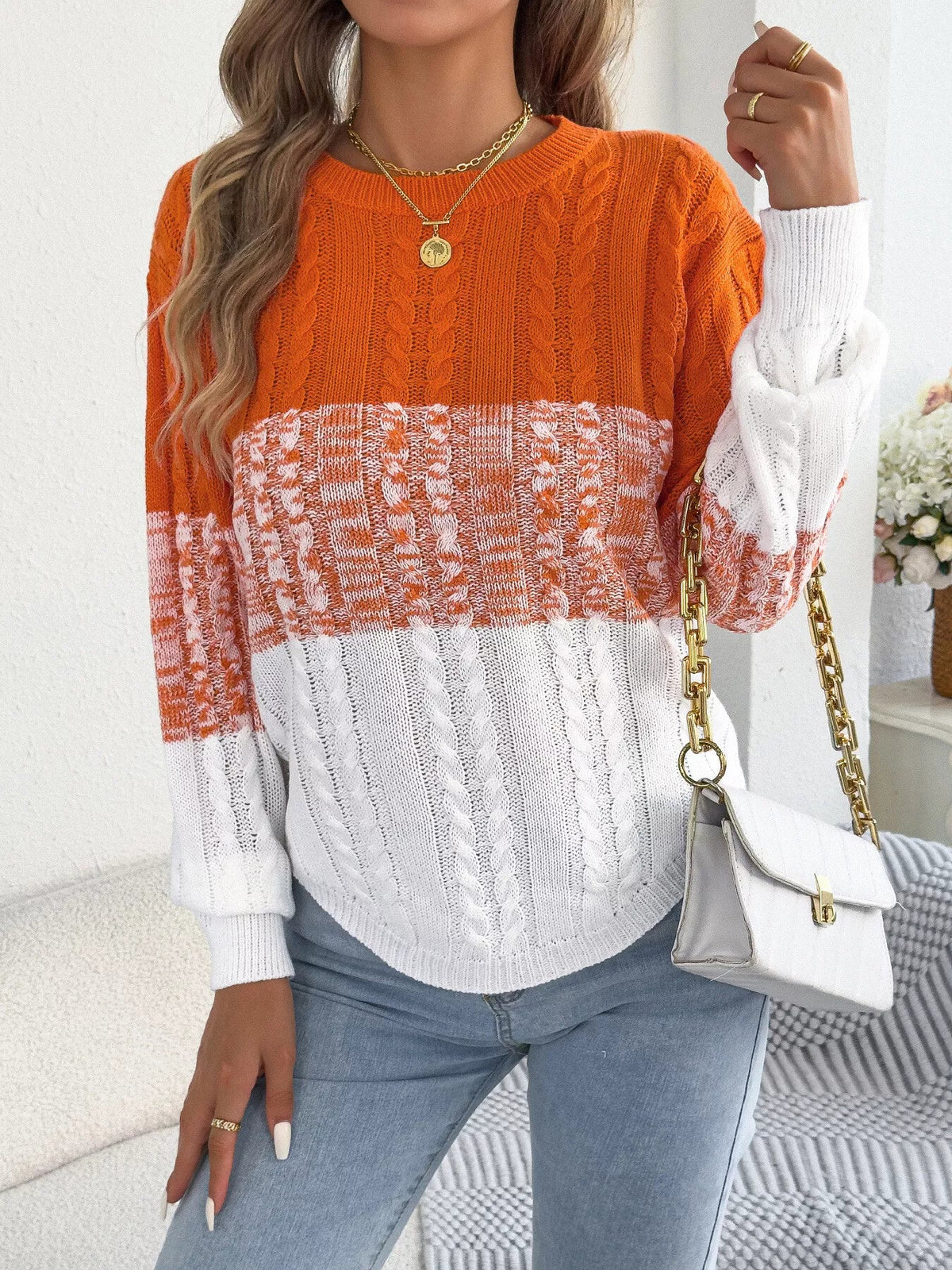 Colorblock Cable Knit Round Neck Sweater - Bitsy Gypsy Boutique