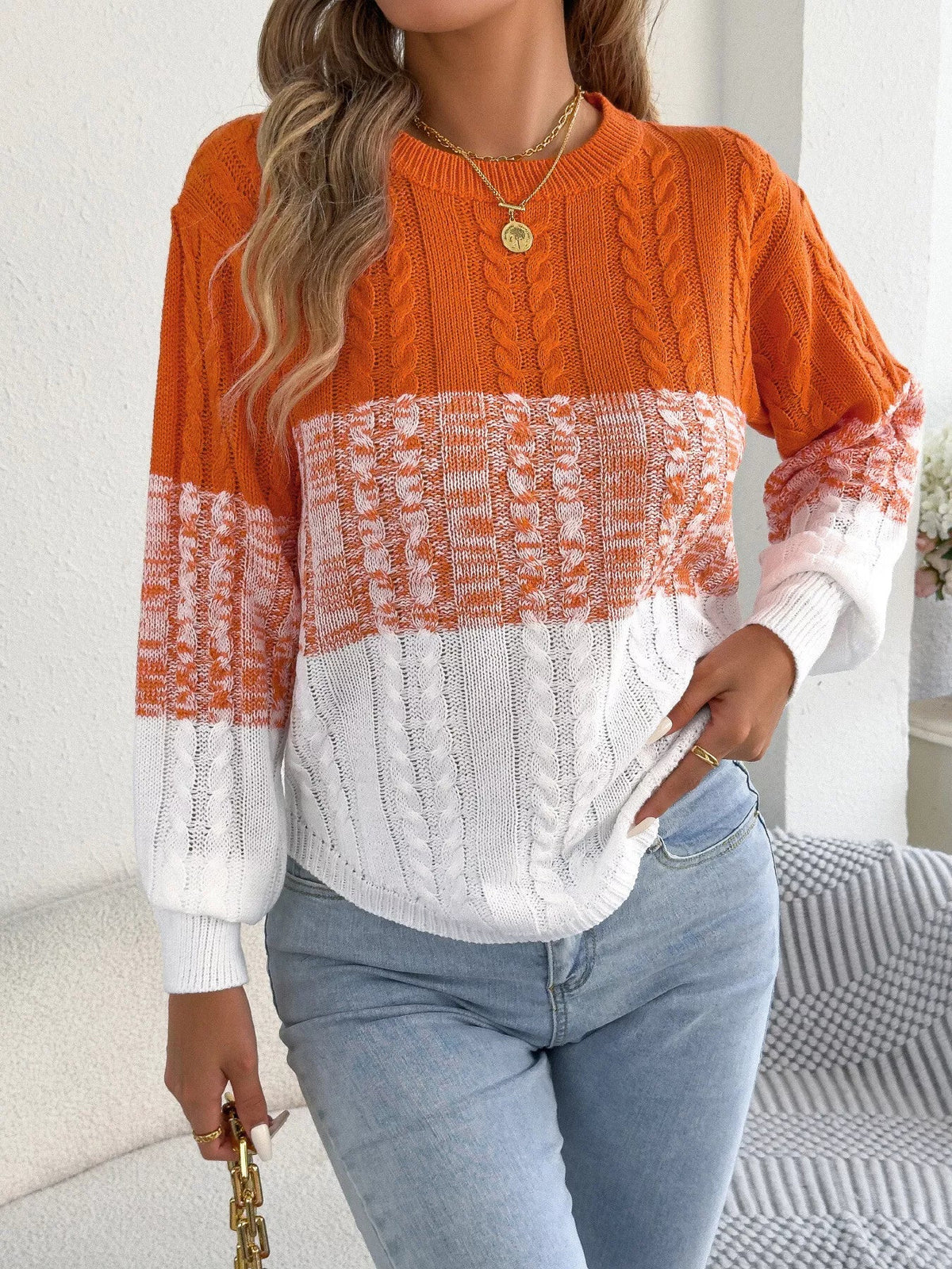 Colorblock Cable Knit Round Neck Sweater - Bitsy Gypsy Boutique
