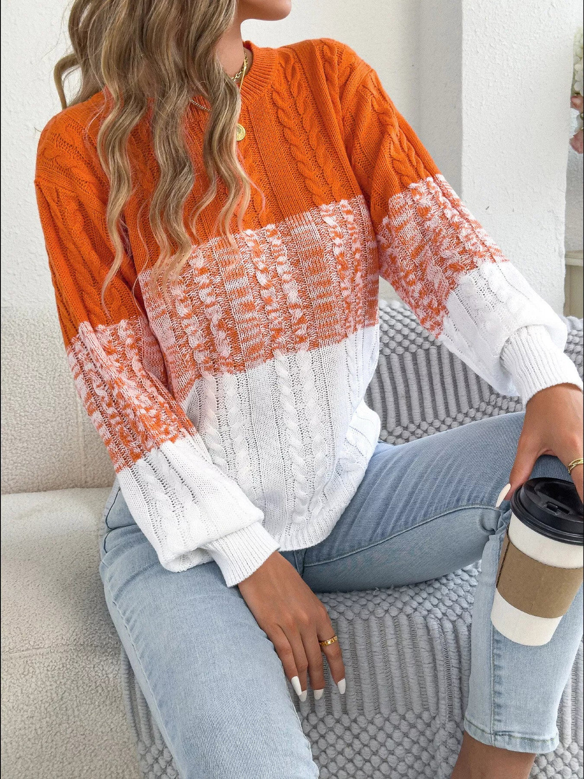 Colorblock Cable Knit Round Neck Sweater - Bitsy Gypsy Boutique