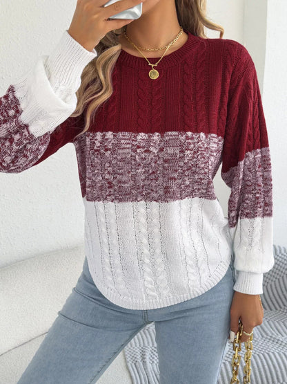 Colorblock Cable Knit Round Neck Sweater - Bitsy Gypsy Boutique