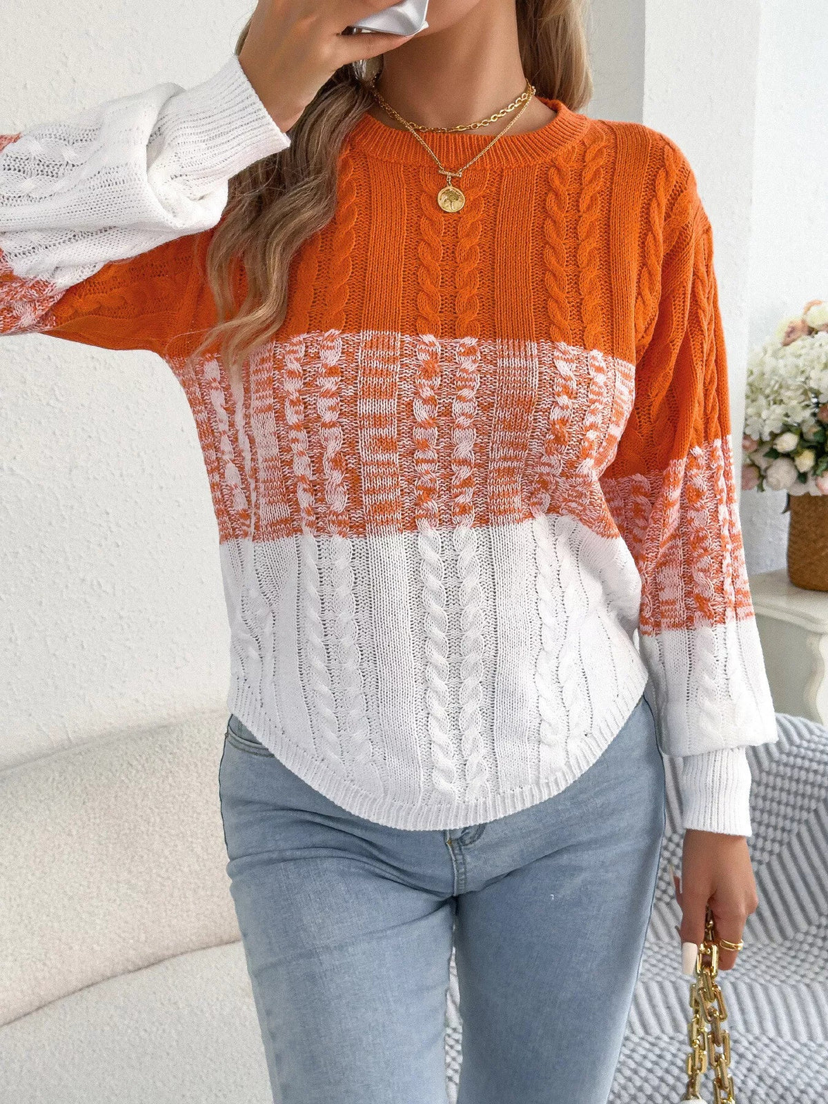 Colorblock Cable Knit Round Neck Sweater - Bitsy Gypsy Boutique