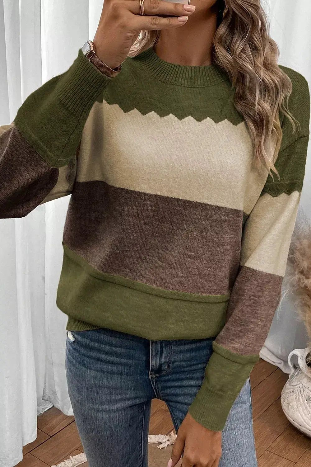 Colorblock Crew Neck Drop Shoulder Sweater - Bitsy Gypsy Boutique