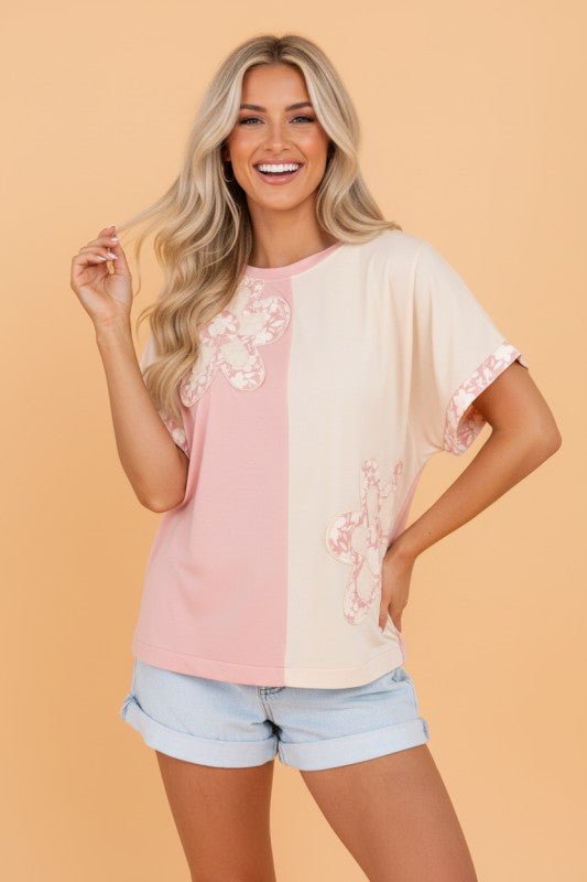 Colorblock Flower Patch Short Sleeve T-Shirt - Bitsy Gypsy Boutique