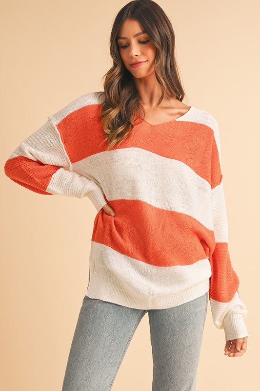 Colorblock V Neck Side Slits Sweater - Bitsy Gypsy Boutique