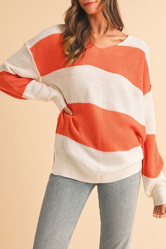 Colorblock V Neck Side Slits Sweater - Bitsy Gypsy Boutique