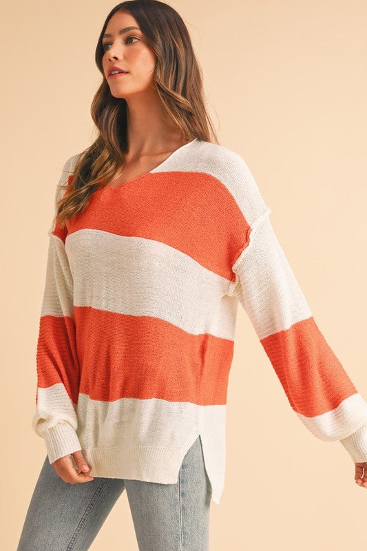 Colorblock V Neck Side Slits Sweater - Bitsy Gypsy Boutique