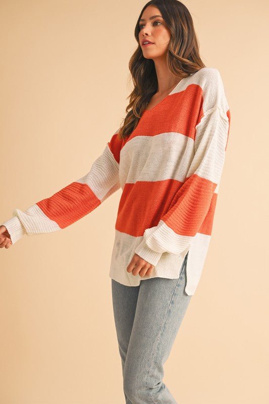 Colorblock V Neck Side Slits Sweater - Bitsy Gypsy Boutique