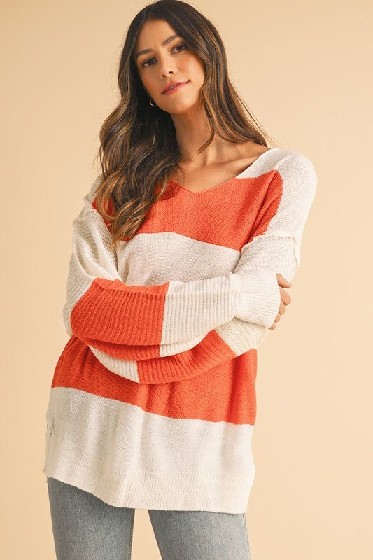 Colorblock V Neck Side Slits Sweater - Bitsy Gypsy Boutique