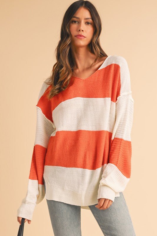 Colorblock V Neck Side Slits Sweater - Bitsy Gypsy Boutique