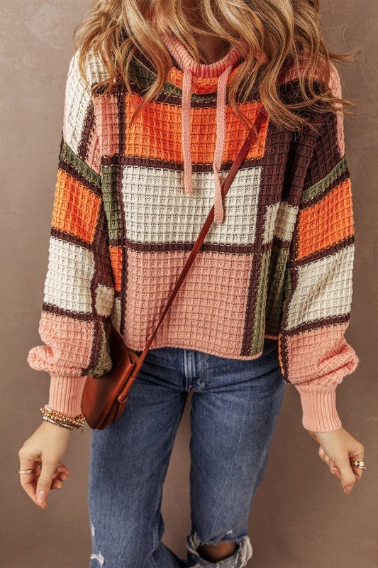 Colorblock Waffle Knit Drawstring Mock Neck Sweate - Bitsy Gypsy Boutique