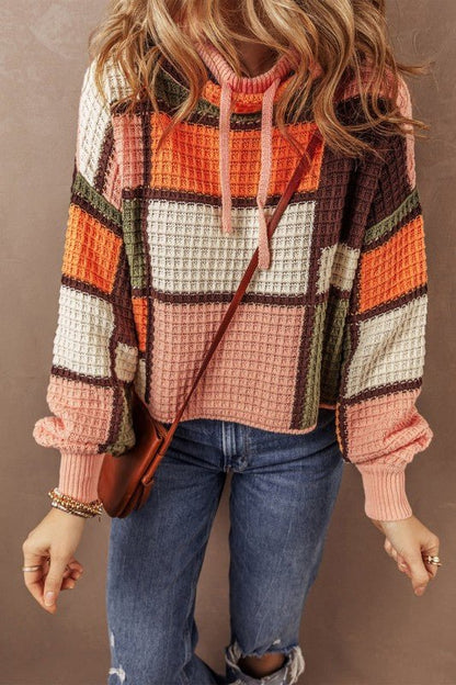 Colorblock Waffle Knit Drawstring Mock Neck Sweate - Bitsy Gypsy Boutique