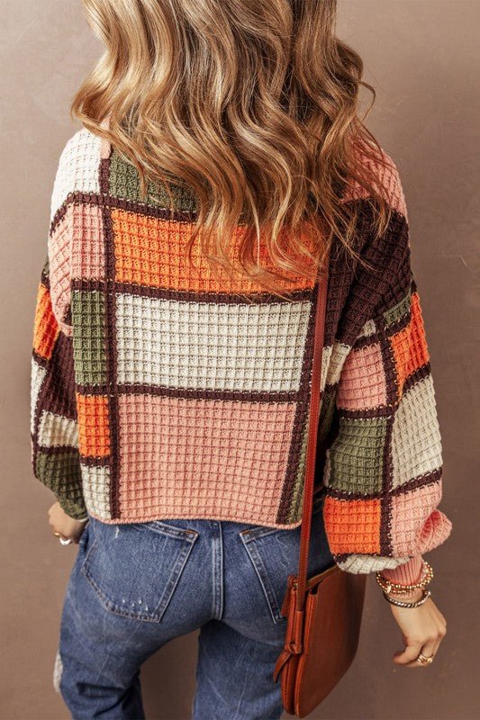 Colorblock Waffle Knit Drawstring Mock Neck Sweate - Bitsy Gypsy Boutique