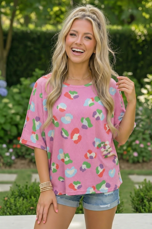 Colorful Leopard Print Waffle Knit Top in Pink - Bitsy Gypsy Boutique