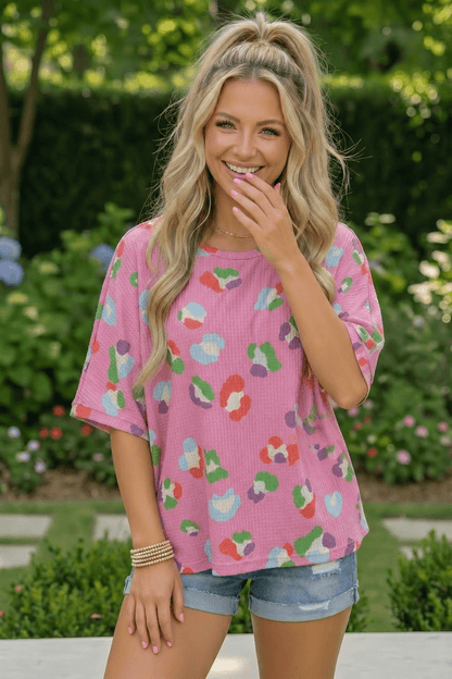 Colorful Leopard Print Waffle Knit Top in Pink - Bitsy Gypsy Boutique