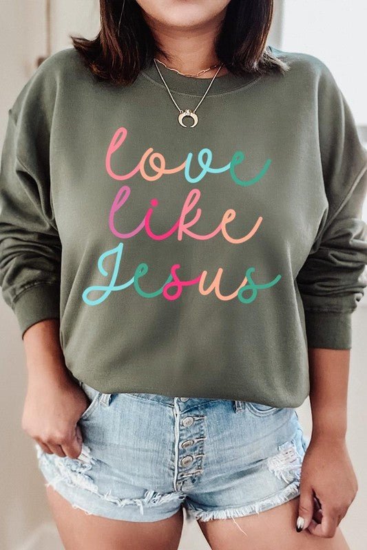 Colorful Love Like Jesus Graphic Fleece Sweatshirt - Bitsy Gypsy Boutique