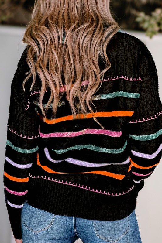 Colorful Striped Ribbed Trim Round Neck Sweater - Bitsy Gypsy Boutique