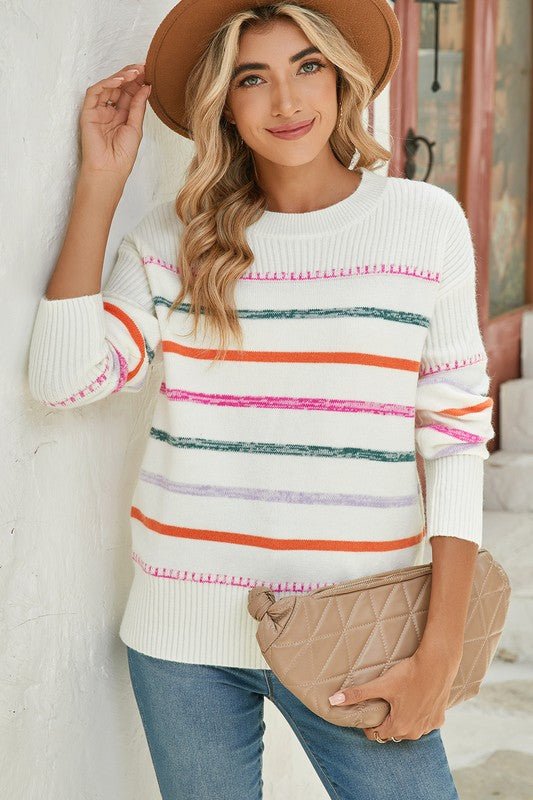 Colorful Striped Ribbed Trim Round Neck Sweater - Bitsy Gypsy Boutique