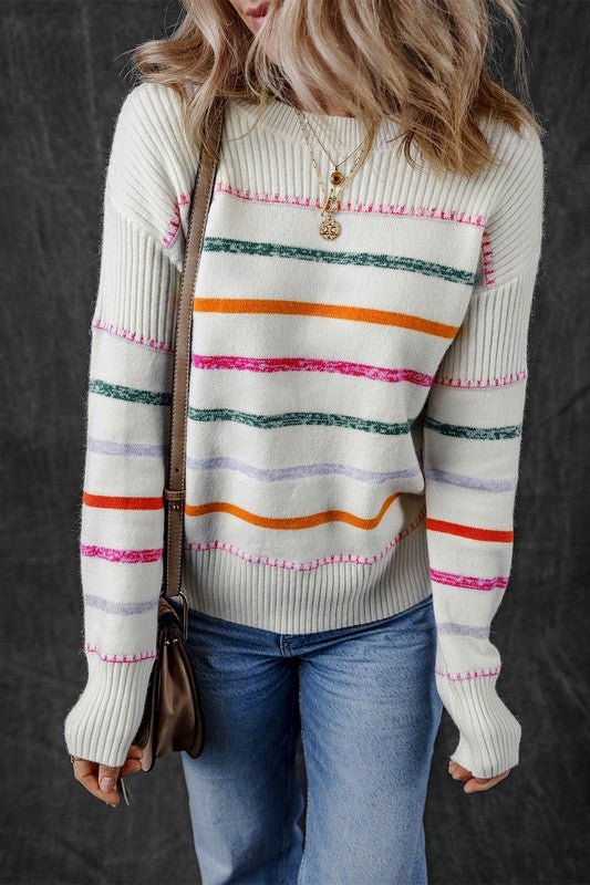 Colorful Striped Ribbed Trim Round Neck Sweater - Bitsy Gypsy Boutique