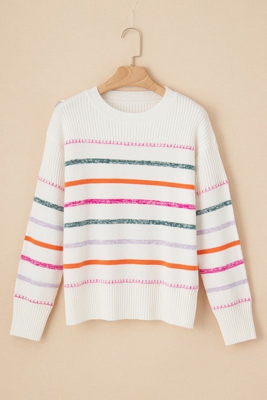 Colorful Striped Ribbed Trim Round Neck Sweater - Bitsy Gypsy Boutique