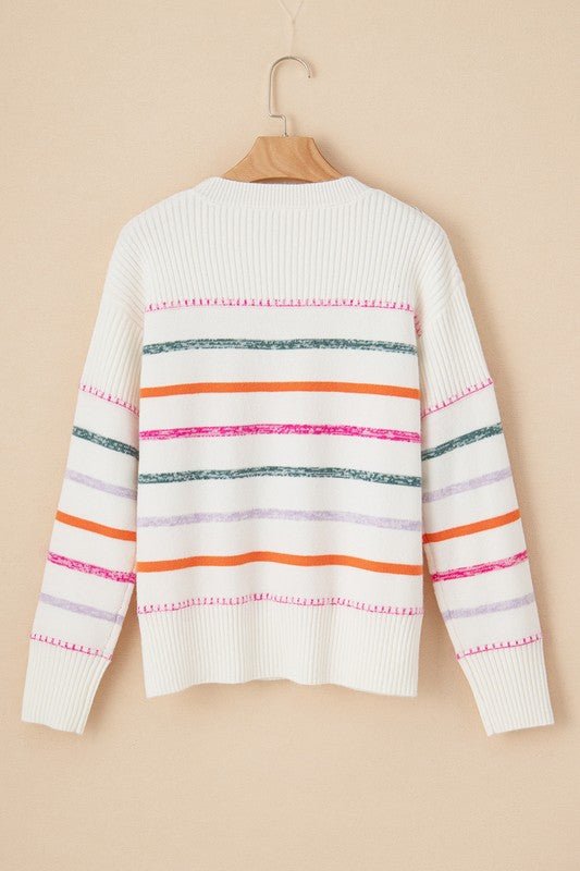 Colorful Striped Ribbed Trim Round Neck Sweater - Bitsy Gypsy Boutique