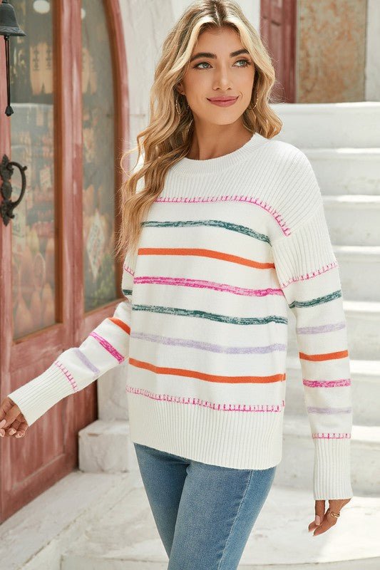 Colorful Striped Ribbed Trim Round Neck Sweater - Bitsy Gypsy Boutique