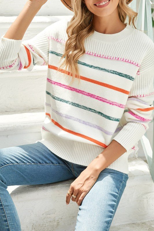 Colorful Striped Ribbed Trim Round Neck Sweater - Bitsy Gypsy Boutique