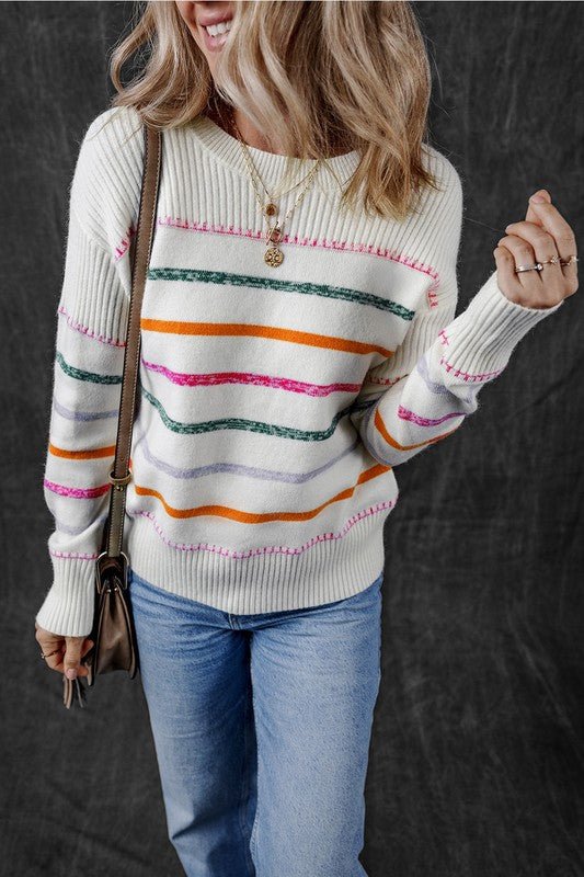 Colorful Striped Ribbed Trim Round Neck Sweater - Bitsy Gypsy Boutique