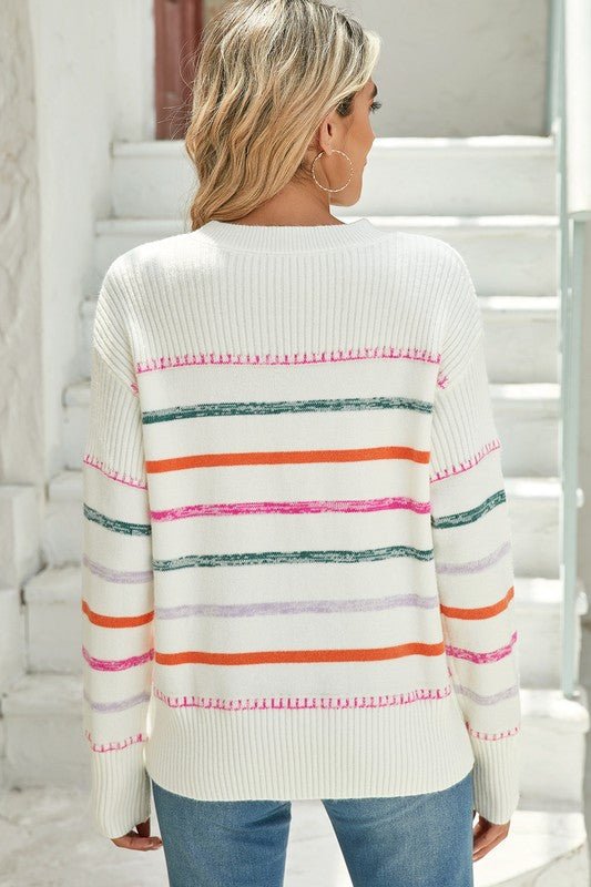 Colorful Striped Ribbed Trim Round Neck Sweater - Bitsy Gypsy Boutique