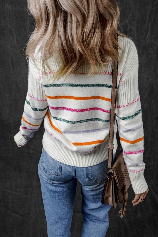 Colorful Striped Ribbed Trim Round Neck Sweater - Bitsy Gypsy Boutique