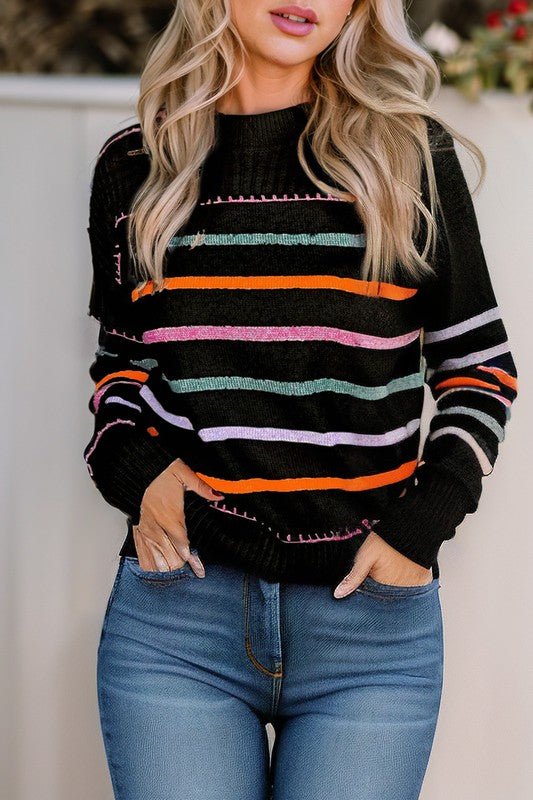 Colorful Striped Ribbed Trim Round Neck Sweater - Bitsy Gypsy Boutique