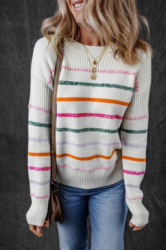 Colorful Striped Ribbed Trim Round Neck Sweater - Bitsy Gypsy Boutique