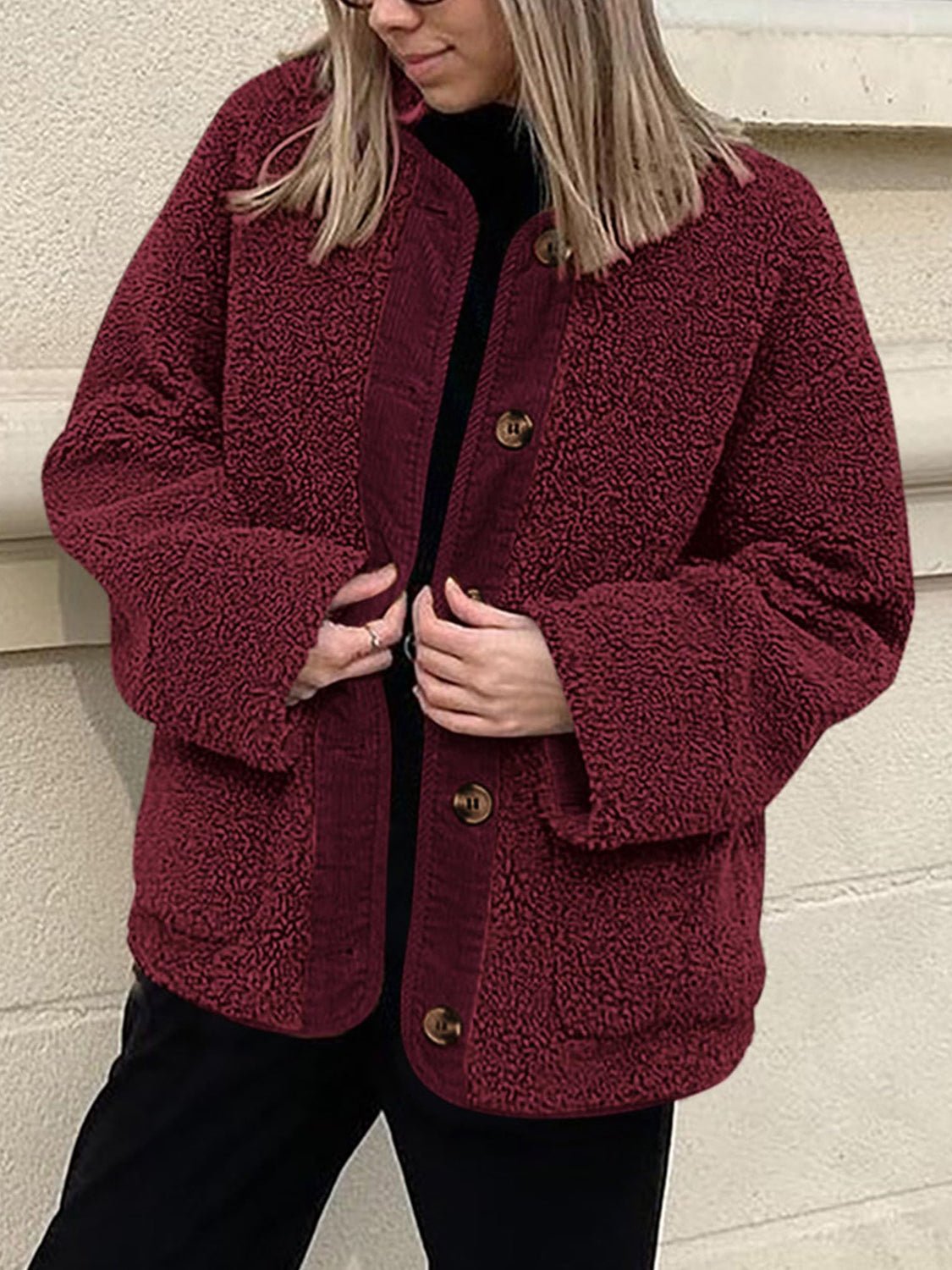 Contrast Button Up Sherpa Jacket with Pockets - Bitsy Gypsy Boutique