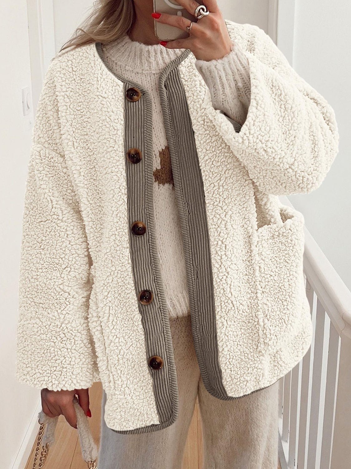 Contrast Button Up Sherpa Jacket with Pockets - Bitsy Gypsy Boutique