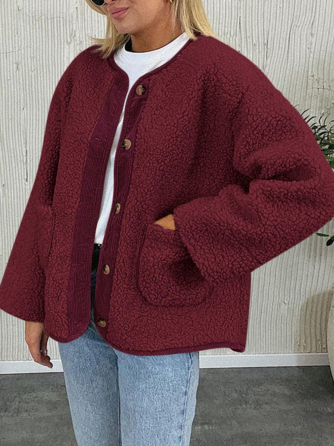 Contrast Button Up Sherpa Jacket with Pockets - Bitsy Gypsy Boutique