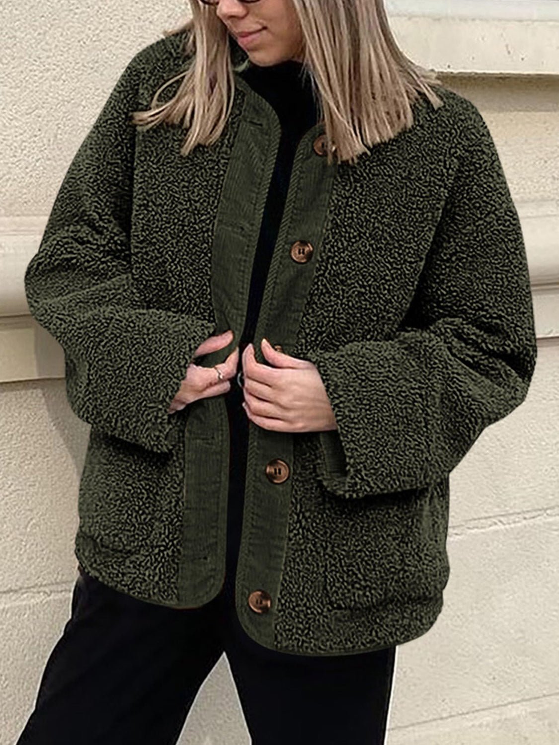 Contrast Button Up Sherpa Jacket with Pockets - Bitsy Gypsy Boutique