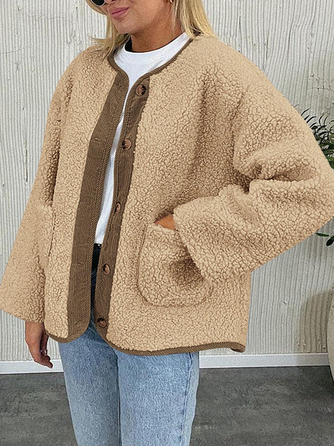 Contrast Button Up Sherpa Jacket with Pockets - Bitsy Gypsy Boutique