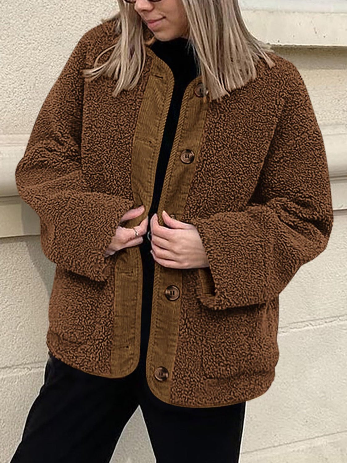 Contrast Button Up Sherpa Jacket with Pockets - Bitsy Gypsy Boutique