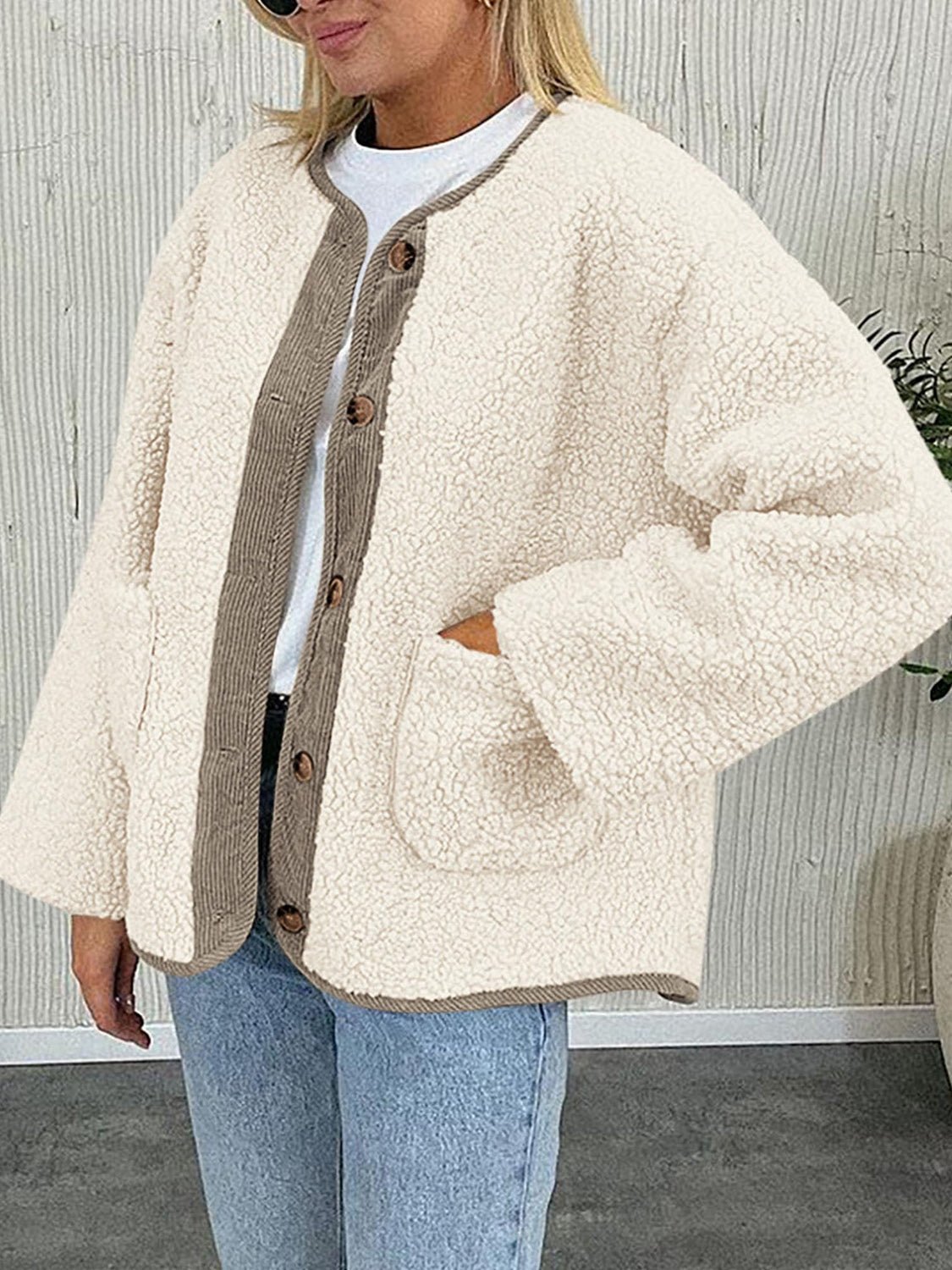 Contrast Button Up Sherpa Jacket with Pockets - Bitsy Gypsy Boutique