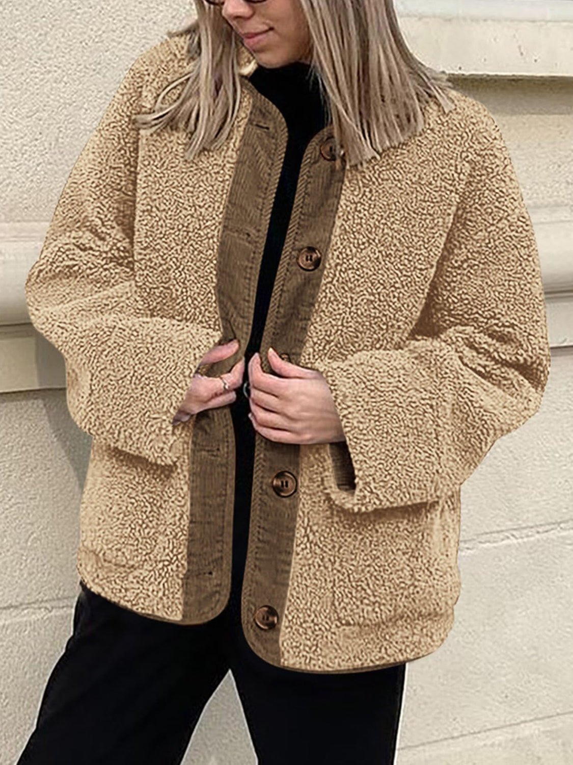 Contrast Button Up Sherpa Jacket with Pockets - Bitsy Gypsy Boutique