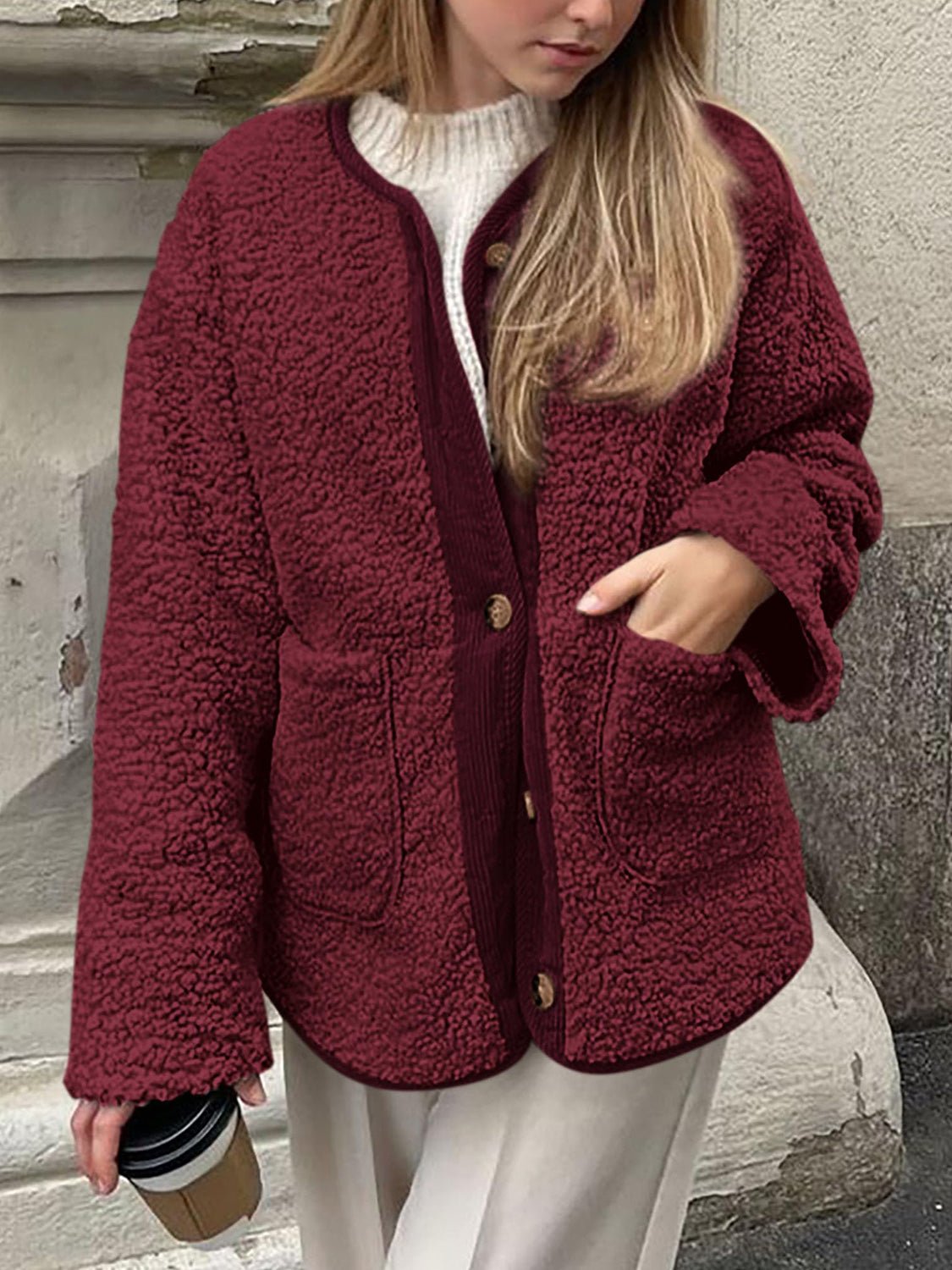 Contrast Button Up Sherpa Jacket with Pockets - Bitsy Gypsy Boutique