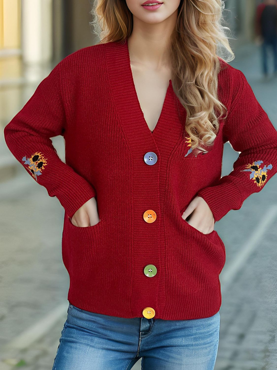 Contrast Button V - Neck Long Sleeve Cardigan - Bitsy Gypsy Boutique