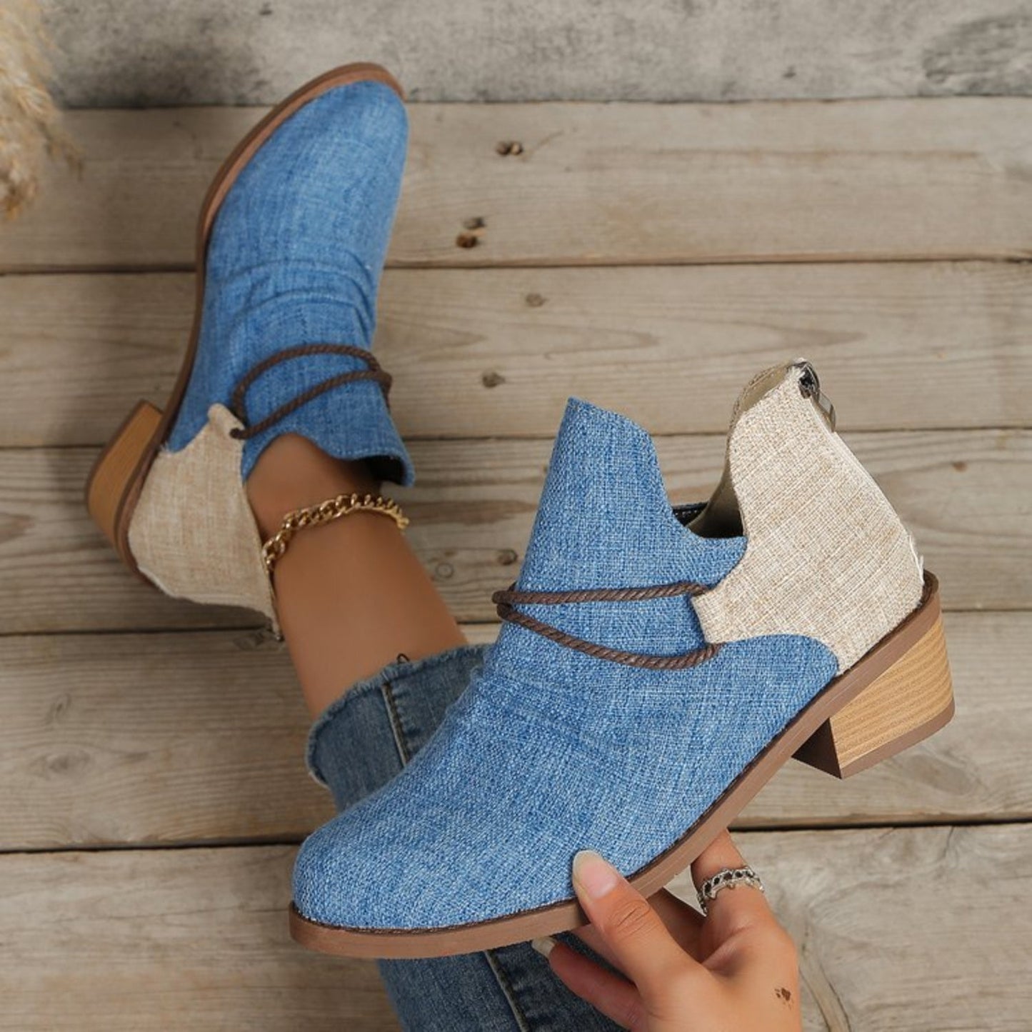 Contrast Canvas Low Heel Boots - Bitsy Gypsy Boutique