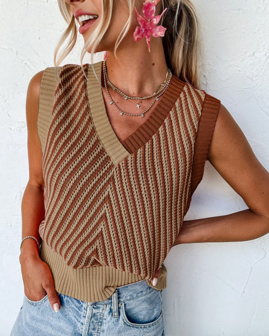 Contrast Chevron Knit Neck Sweater Vest Size - Bitsy Gypsy Boutique