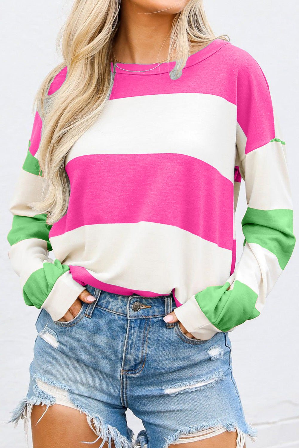 Contrast Color Block Round Neck Long Sleeve Top - Bitsy Gypsy Boutique