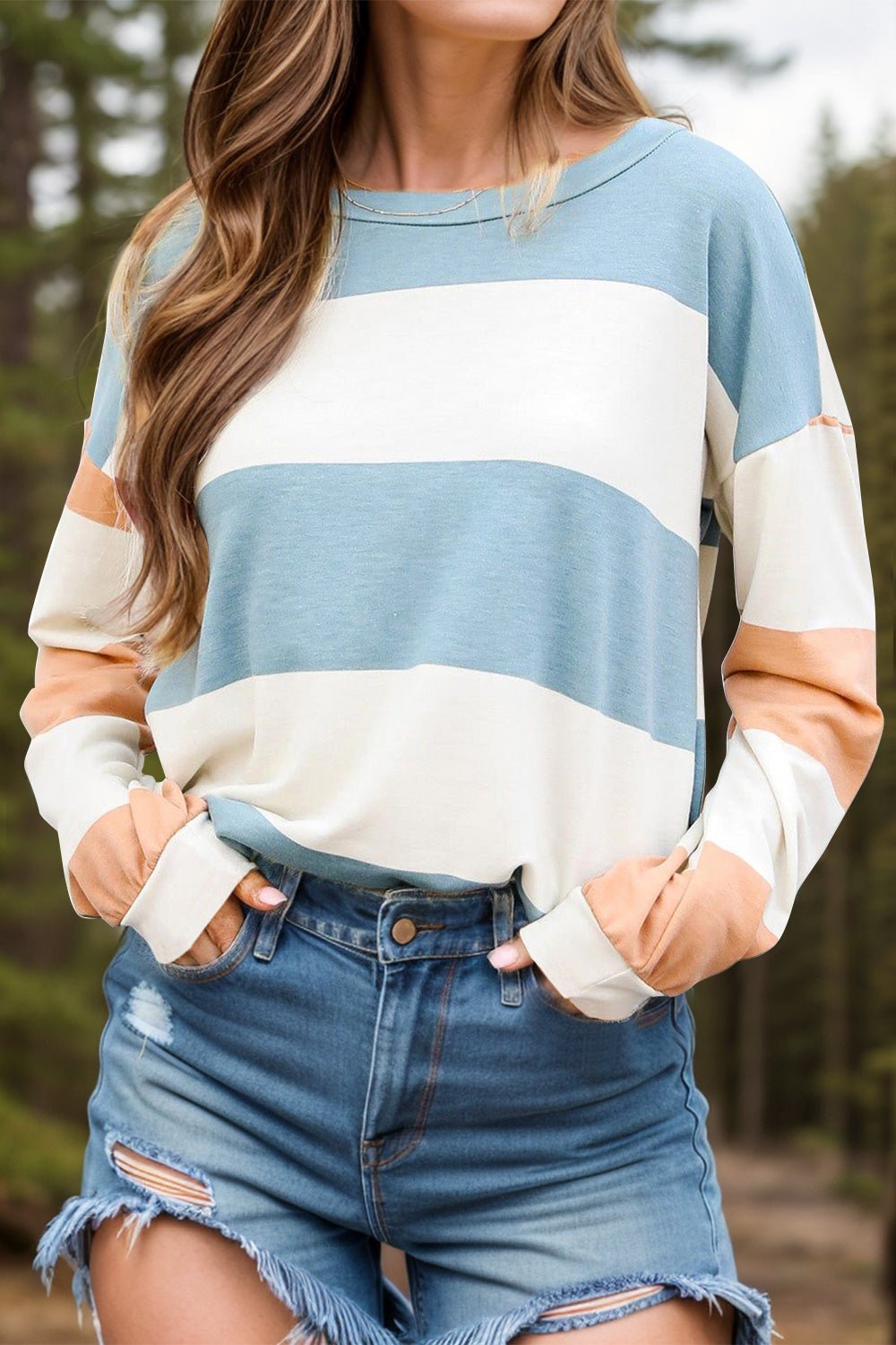 Contrast Color Block Round Neck Long Sleeve Top - Bitsy Gypsy Boutique