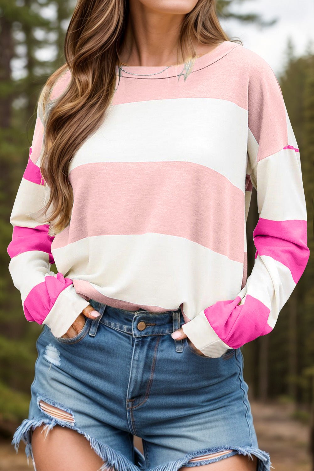 Contrast Color Block Round Neck Long Sleeve Top - Bitsy Gypsy Boutique