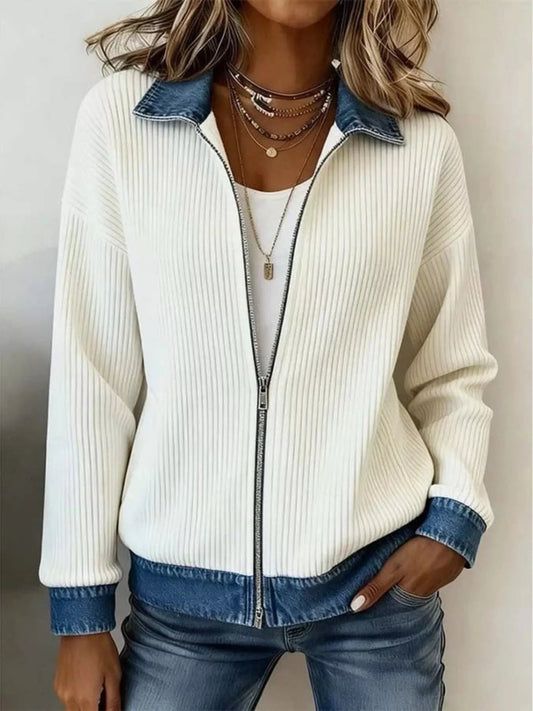 Contrast Denim Collar Ribbed Knit Jacket - Bitsy Gypsy Boutique