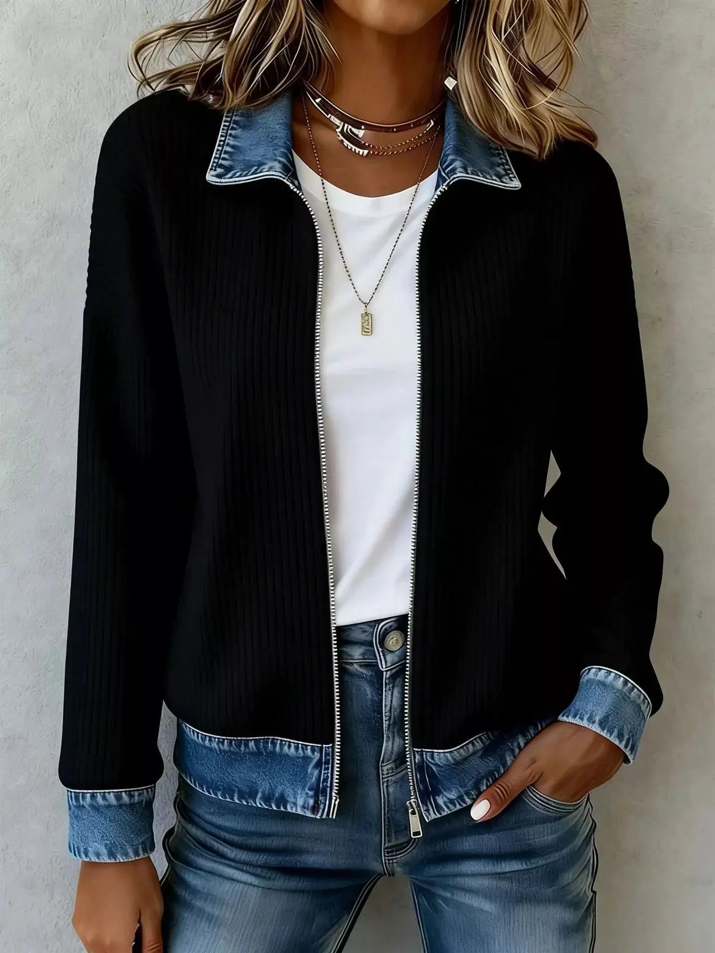Contrast Denim Collar Ribbed Knit Jacket by Trendsi