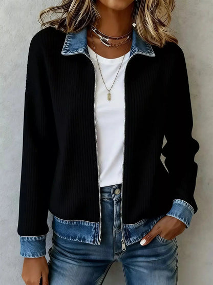 Contrast Denim Collar Ribbed Knit Jacket by Trendsi